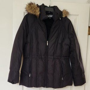 Down Jacket - Black, Size Large with Faux Fur Trimmed Hood
